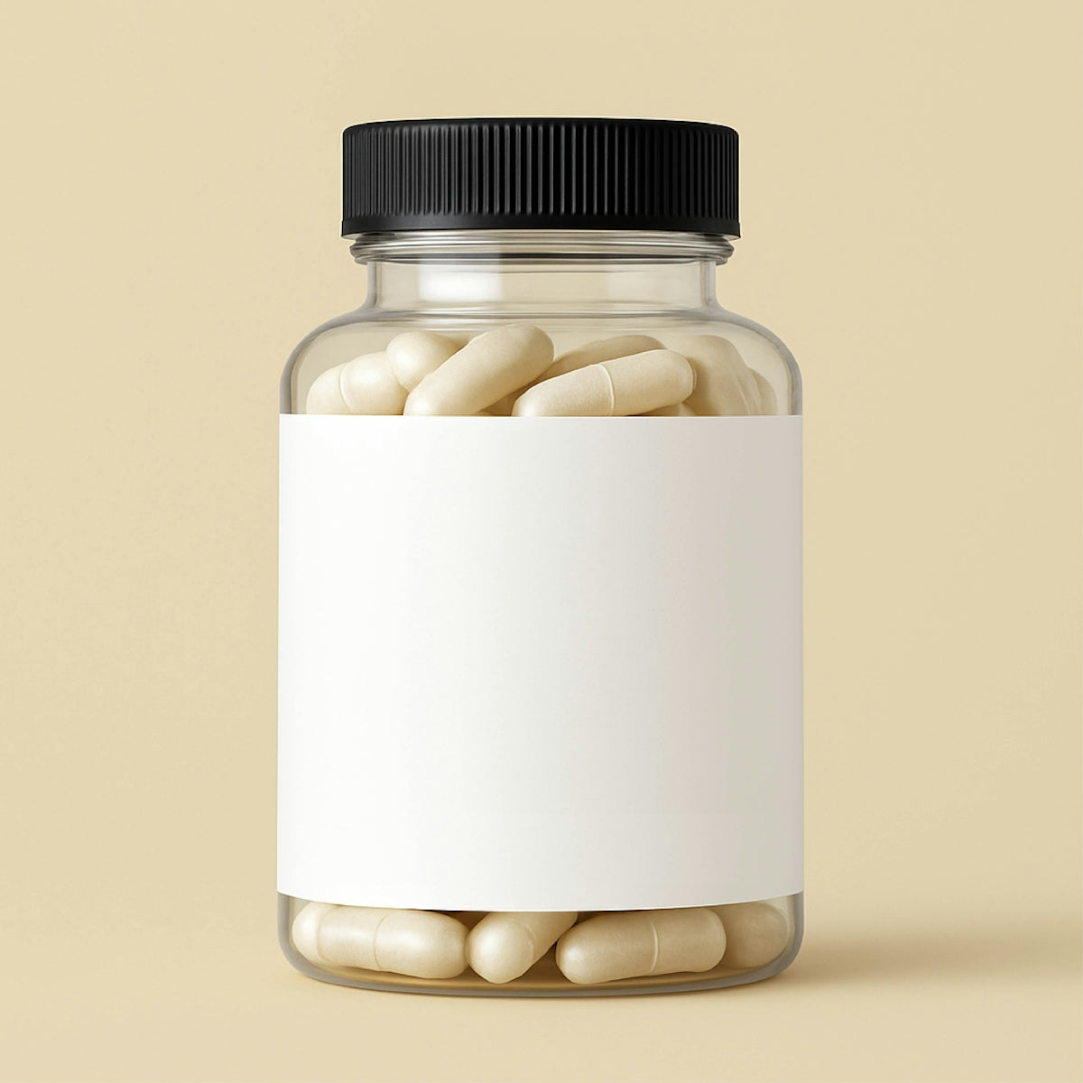 Clear bottle with white label filled with capsules