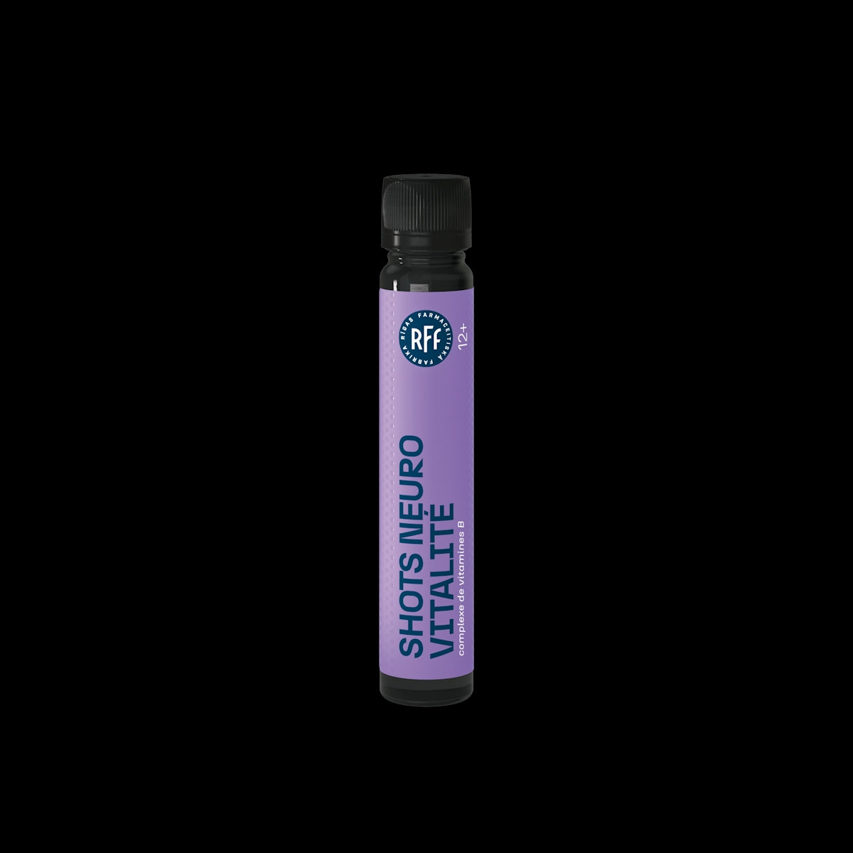 A purple bottle labeled shots neuro vitalite on black background.